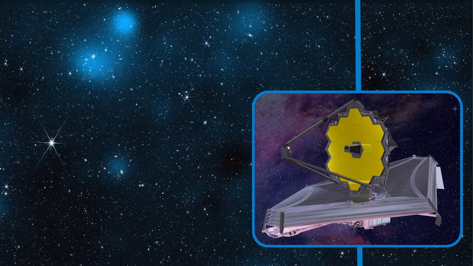 (Main) The JWST's view of 800,000 galaxies with dark matter indicated in blue (Inset) The JWST in orbit around Earth