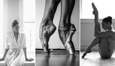 A triptych of black and white photos: left, a woman in a robe sits by a window; center, close-up of ballet feet en pointe; right, a dancer in a leotard sits on the floor with a leg raised high.
