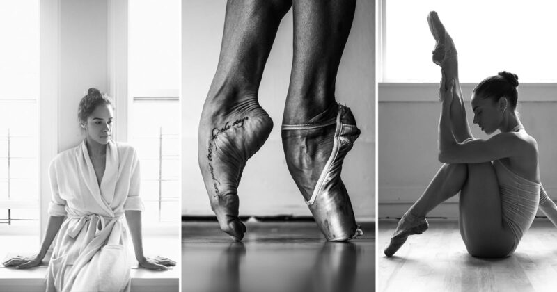 A triptych of black and white photos: left, a woman in a robe sits by a window; center, close-up of ballet feet en pointe; right, a dancer in a leotard sits on the floor with a leg raised high.