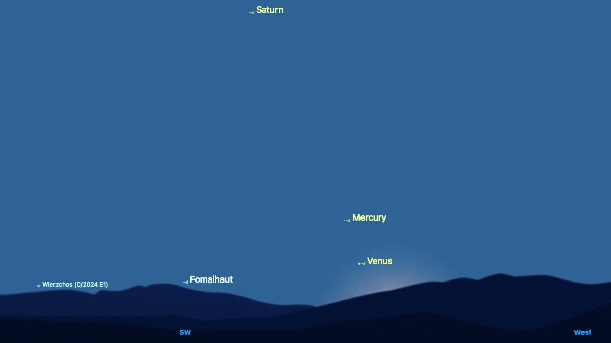 A simulation of the early morning sky for Feb. 8 showing Venus, Mercury and Saturn above the south-southwestern horizon, close to the glow of the rising sun.