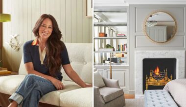 Joanna Gaines / gray living room with fireplace