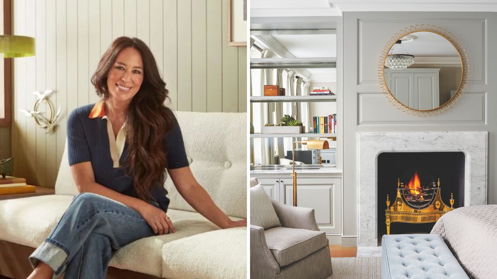 Joanna Gaines / gray living room with fireplace