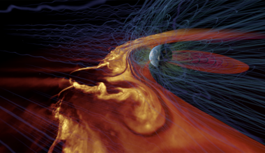 Earth's magnetic field is generated by action within the inner core of our planet. The polarity of the field lines changes during geomagnetic field reversals, and that polarity is entrained in Earth rocks. The solar wind interacts with our magnetosphere, which protects Earth from much of the damage it can cause. Courtesy NASA Goddard Space Flight Center Science Visualization Lab.