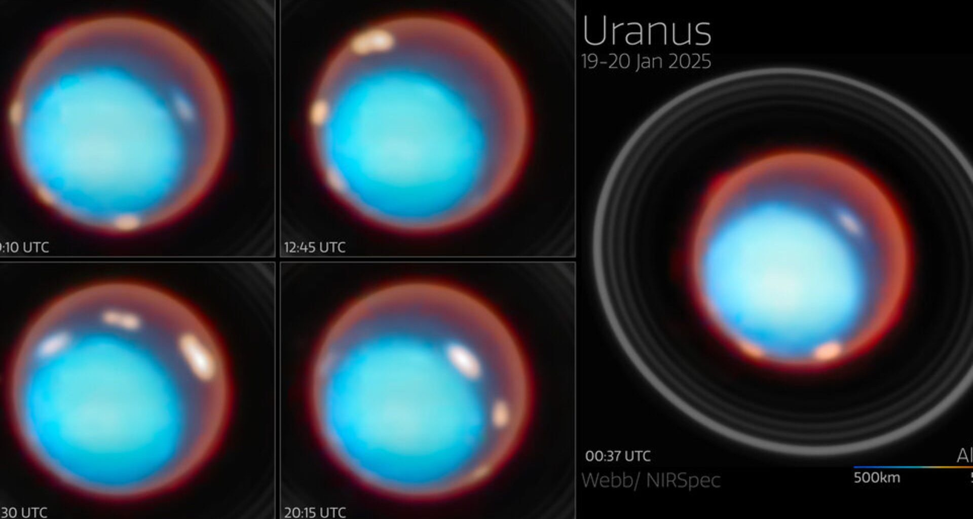 A series of four small boxes on the left of the image and one large box on the right, each showing a circle with blue in the bottom left of the circle and a ring of glowing red around it, representing Uranus' atmosphere.