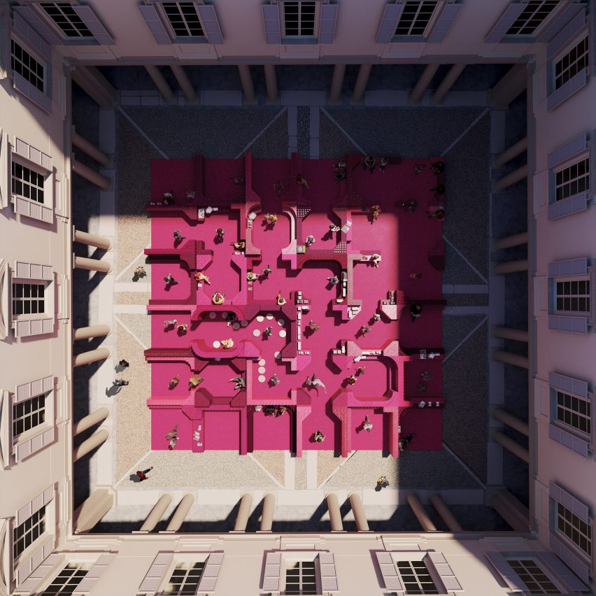 Pink installation in stone courtyard
