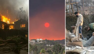 A collage of three images: a house engulfed in flames, a red sun in a smoky sky above homes, and two people wearing masks sifting through rubble in a burned area.
