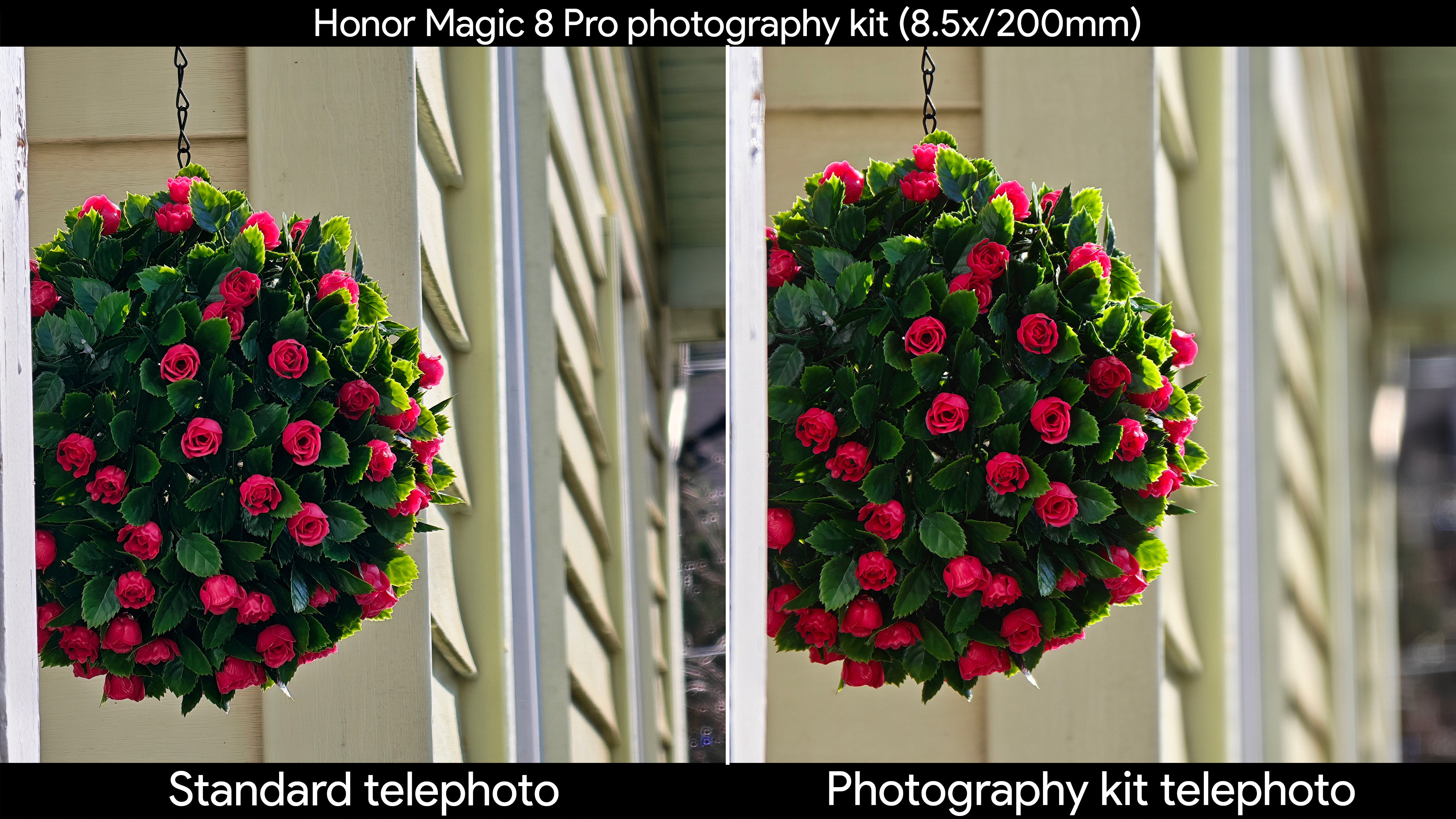 Comparing the Honor Magic 8 Pro's standard telephoto camera to the quality produced by the official photography kit's telephoto extender lens