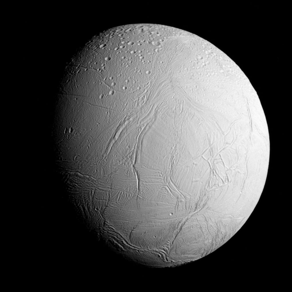 NASA's Cassini spacecraft captured this view as it neared icy Enceladus for its closest ever dive past the moon's active south polar region (Credit : NASA)