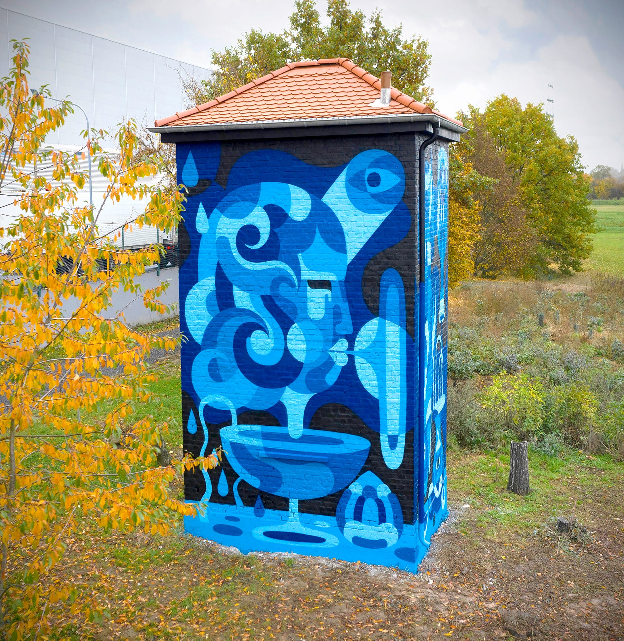 a vibrant abstracted mural of water and a vessel by James Reka