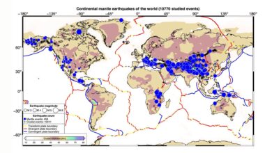 A map of the world with dark blue dots showing earthquake activity and traces in red of the various tectonic plates around planet Earth