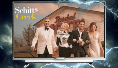 The promotional image for the TV show Schitt's Creek showing the four family members all dressed up outside their motel. The image is inside a TV frame and the background is stormy weather.