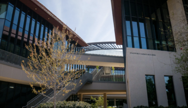 The exterior of the Chem-H building at Stanford with a tree in front.