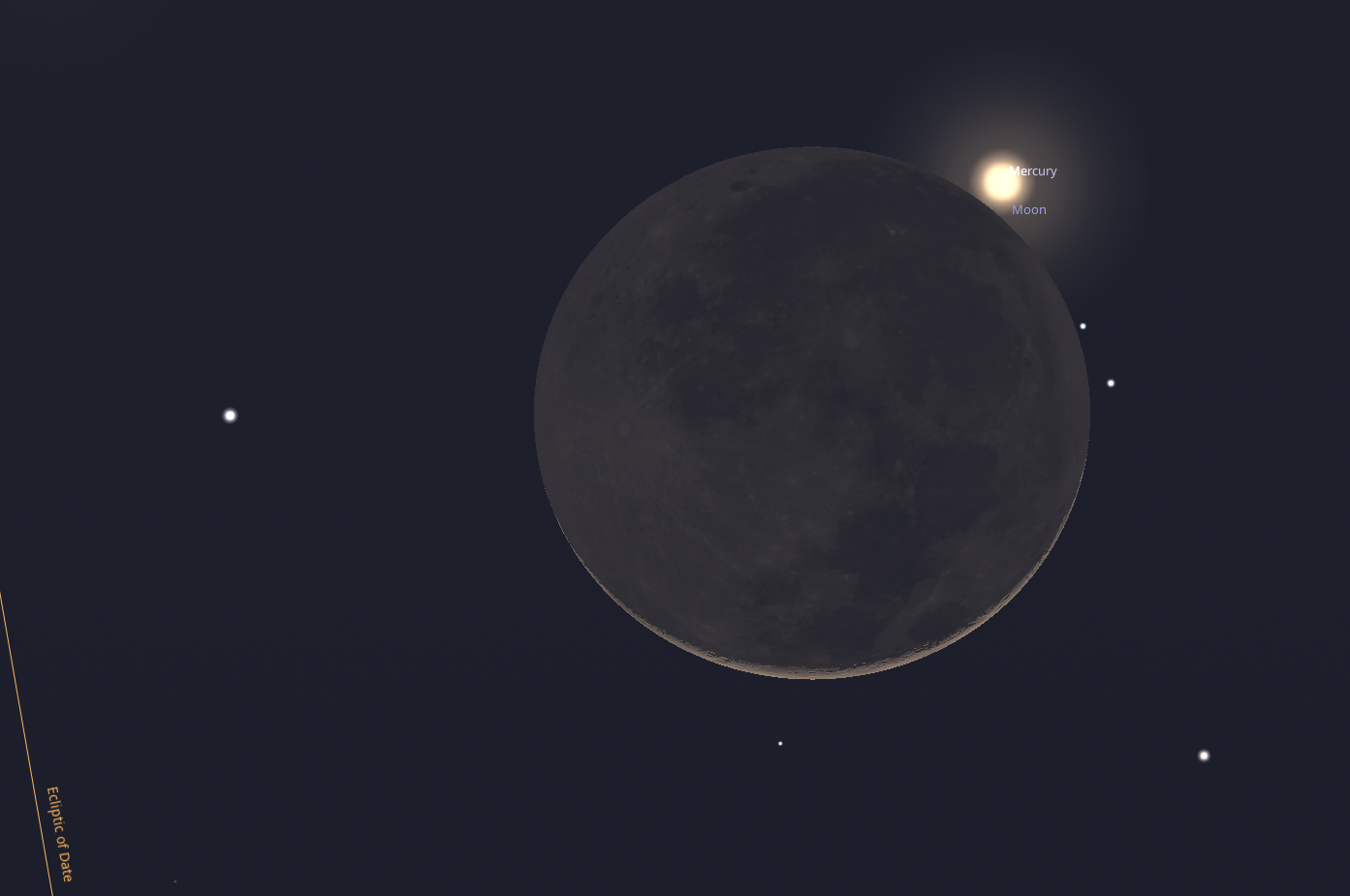 The Moon occults Mercury on the night on February 16th. Credit: Stellarium.