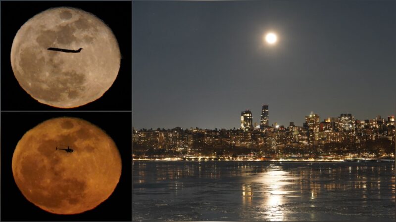 Left: 2 large moons with aircraft flying across them. Right: the moon over a glittering cityscape.