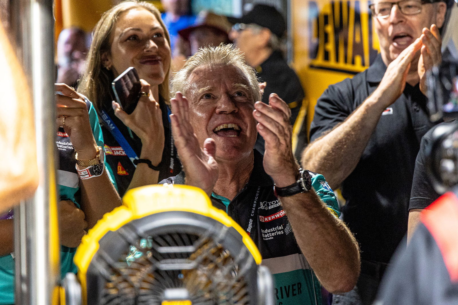 Charlie Schwerkolt celebrates Anton De Pasquale taking pole position for Race 2 at the Dunlop Sydney 500.