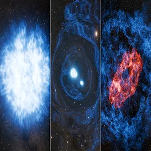 This artist's concepts shows a hypothesized event known as a superkilonova. A massive star explodes in a supernova (left), which generates elements like carbon and iron. In the aftermath, two neutron stars are born (middle). The neutron stars spiral together, sending gravitational waves rippling through the cosmos, before merging in a dramatic kilonova (right). Credit: Caltech