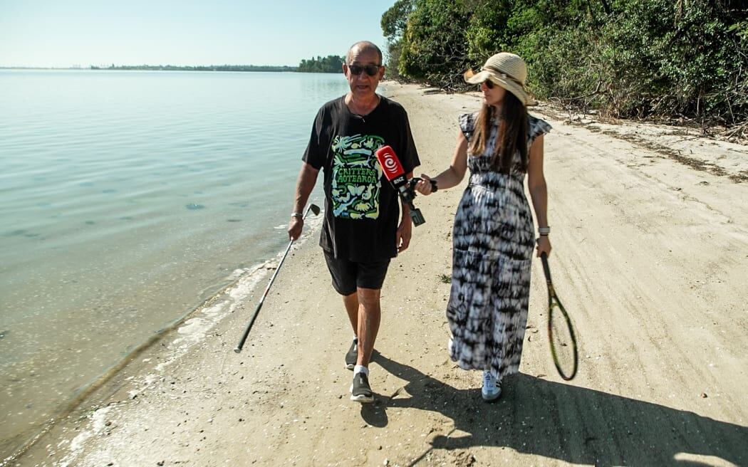 Checkpoint's Natalie Akoorie interviewing Tommy Wilson. Photo / RNZ, Nick Monro