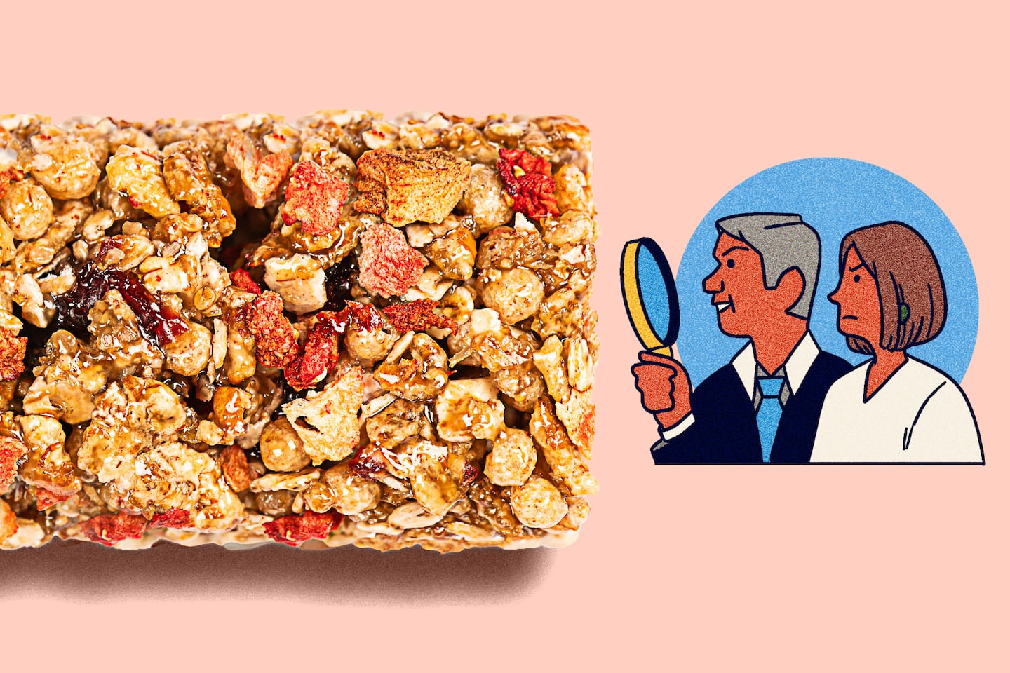 A photo of a snack bar made up of mostly nuts and berries opened and laying on it's side. On the right, there's a drawing of two people looking at the snack bar with a magnifying glass.