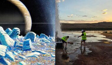 The artist's illustration on the left shows an erupting plume on Saturn's icy ocean moon Enceladus. In the image on the right, researchers are collecting samples of natural plumes on Earth. These plumes are a reasonable analogue for plumes on the Solar System's icy moons. Image Credit: PSI/William Hartmann/Morgan Cable