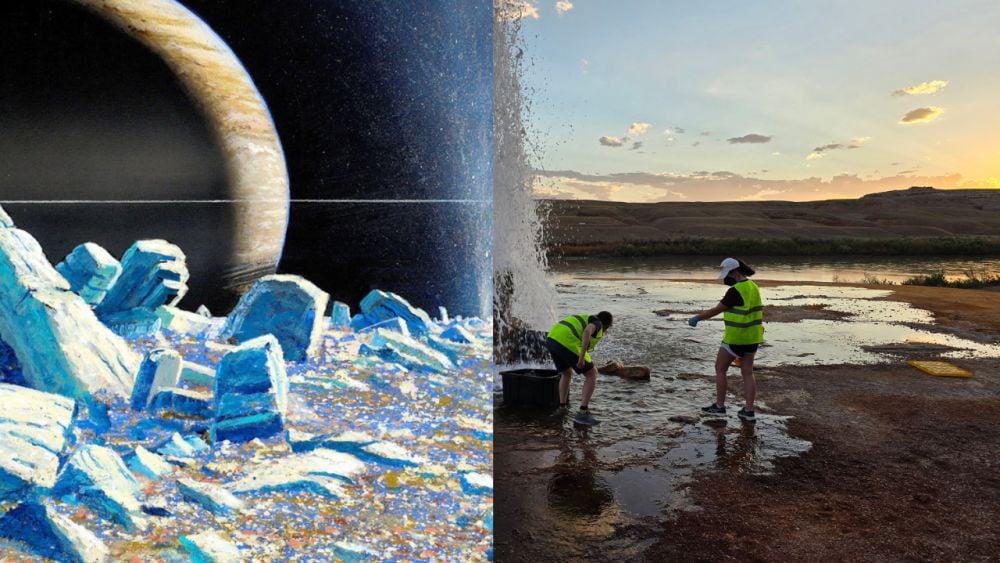 The artist's illustration on the left shows an erupting plume on Saturn's icy ocean moon Enceladus. In the image on the right, researchers are collecting samples of natural plumes on Earth. These plumes are a reasonable analogue for plumes on the Solar System's icy moons. Image Credit: PSI/William Hartmann/Morgan Cable