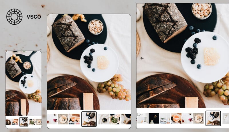 Flat lay of a rustic meal with bread, grapes, blackberries, blueberries, cheese, and nuts arranged on plates and wooden boards, displayed on three different device screens with the VSCO app interface.