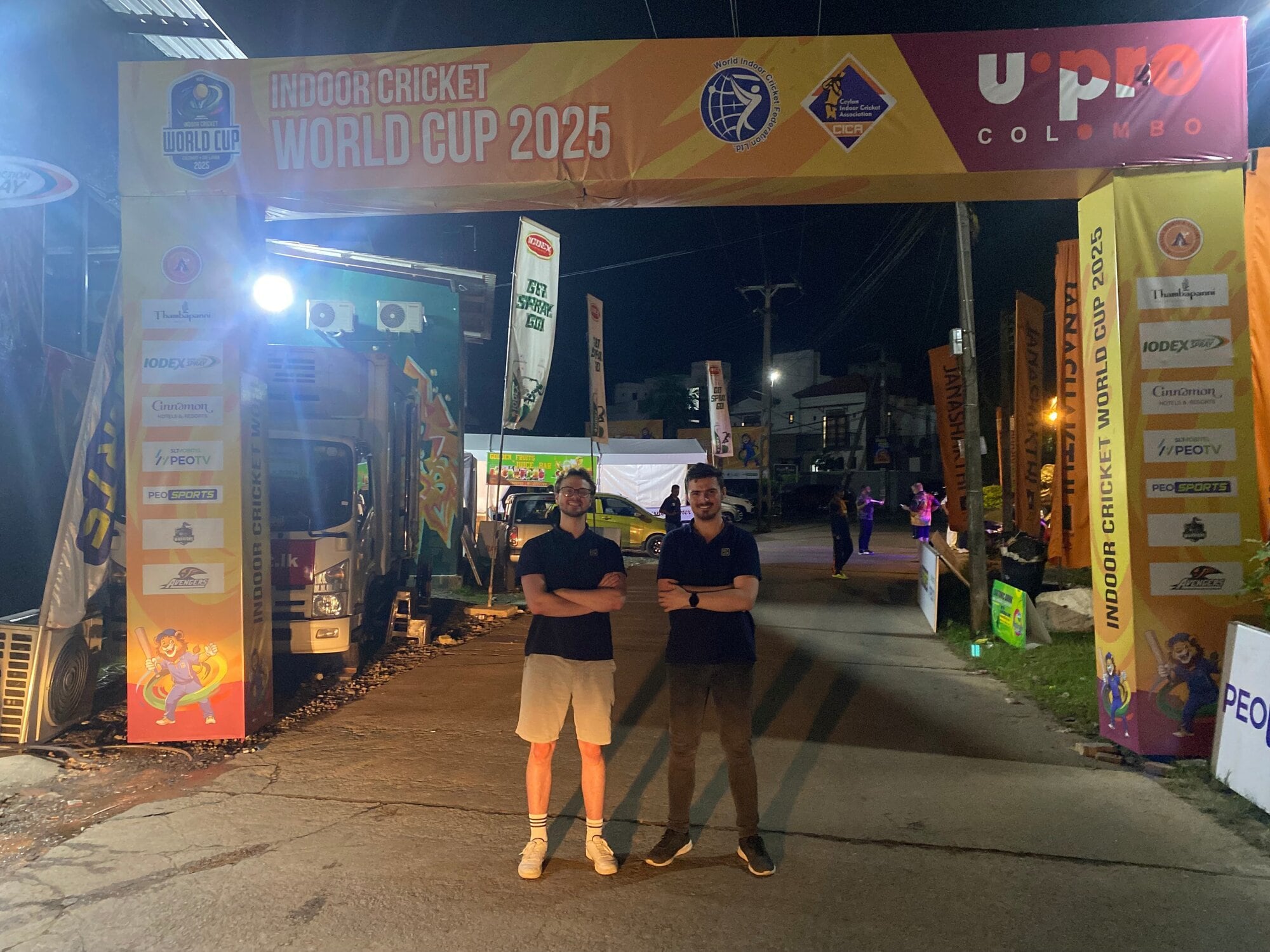  Cameron Templer and Kyle Fogarty-Anderson at the entrance to the Indoor Cricket World Cup 2025 in Dubai.  Photo / Supplied