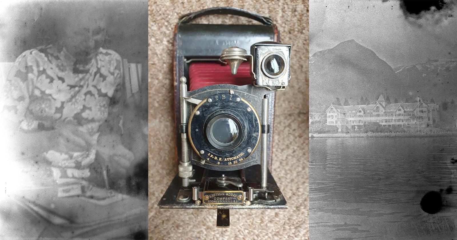 A vintage folding camera with a black and gold lens sits on a tan surface. Faded black-and-white photos border the image, showing a person on the left and a lakeside building and mountains on the right.