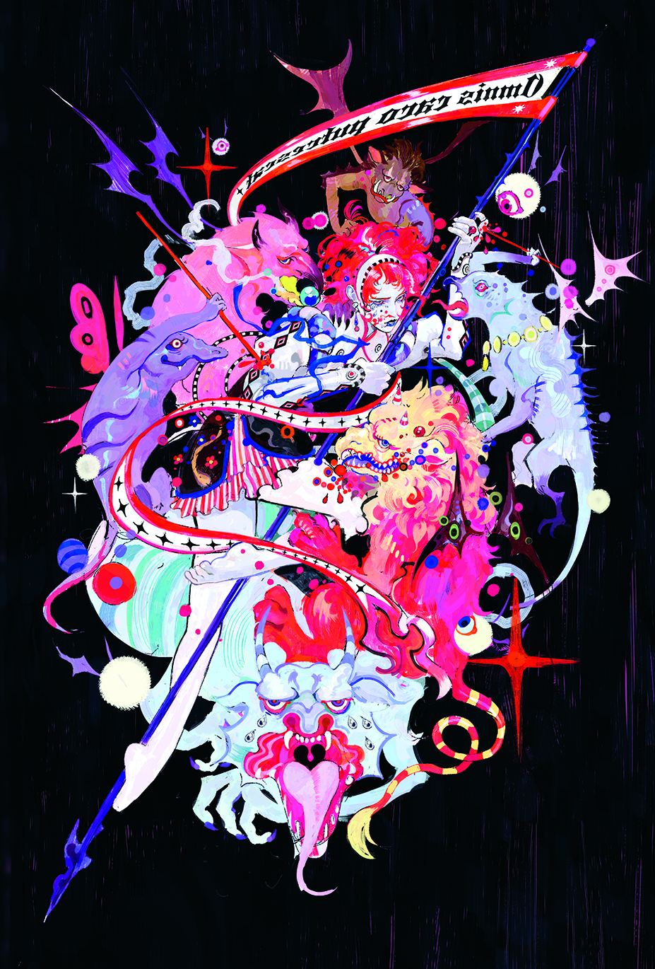 Digital art showing a character drawing in chaotic vibrant red and high contrast colours