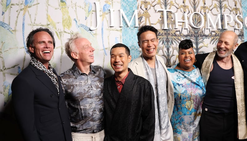 Walton Goggins, Mike White, Tayme Thapthimthong, Dom Hetrakul, Natasha Rothwell and Jon Gries attend Jim Thompson's soiree celebrating HBO series "The White Lotus" at the Dawnridge Estate in Beverly Hills, California, April 24, 2025.