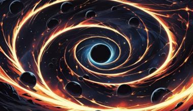 An illustration of many black holes spiralinging into a larger central black hole
