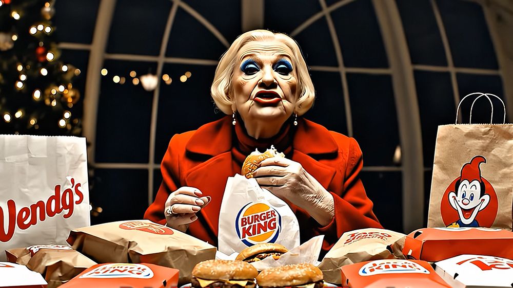 A screenshot of an AI-generated video in which an elderly lady eats a Burger King burger