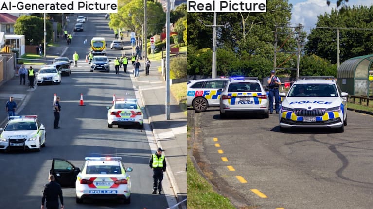 A comparison between an AI-generated image of a shooting in Palmerston North (left) and the real scene captured in the suburb of Highbury  (right).