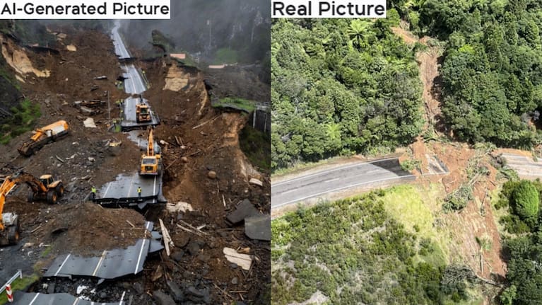 A comparison between an AI-generated image of damage to State Highway 35 at Hicks Bay (left) and the real scene captured on the East Coast (right).
