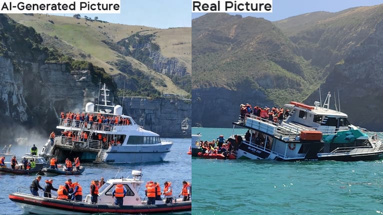 A comparison between an AI-generated image of the Black Cat boat after running around (left) and the real scene captured in Akaroa Harbour (right).