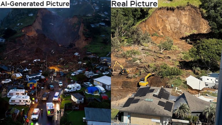 A comparison between an AI-generated image of the Mount Maunganui landslide (left) and the real scene captured at the base of Mauao (right).