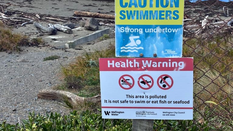 A health warning sign on a beach in Wellington after the sewage spill.