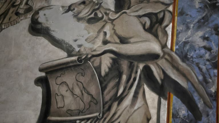 A painting inside the Basilica of San Lorenzo in Lucina in Rome depicting a cherub that bore a striking resemblance to Italian Premier Giorgia Meloni shows signs of alteration after the face was removed, Wednesday, February 4, 2026.