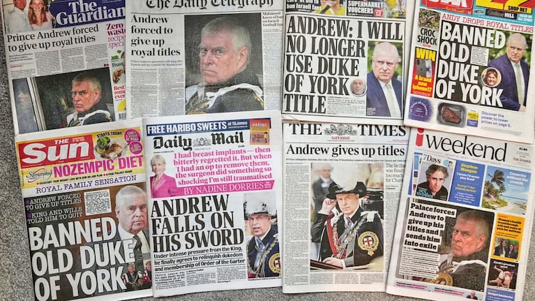 A selection of British national newspapers showing the front pages and their reaction to Prince Andrew announcing that he will relinquish his Duke of York title and the Order of the Garter, amid ongoing problems in his personal life, on October 18, 2025.