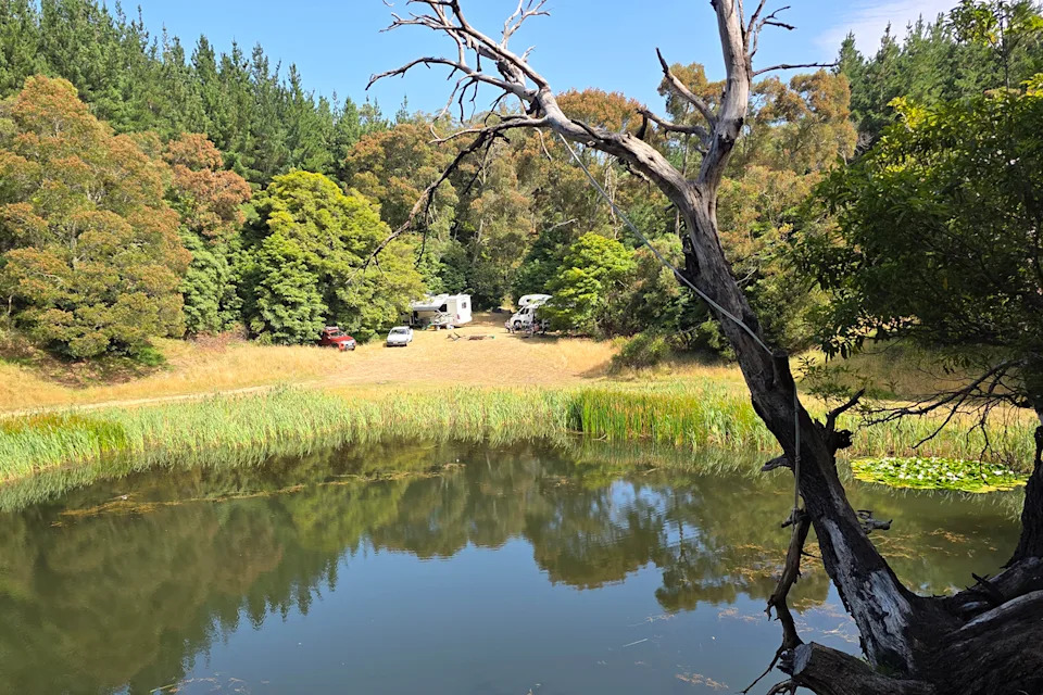 Jeremy's caravan set up at his campsite in eastern Victoria. 