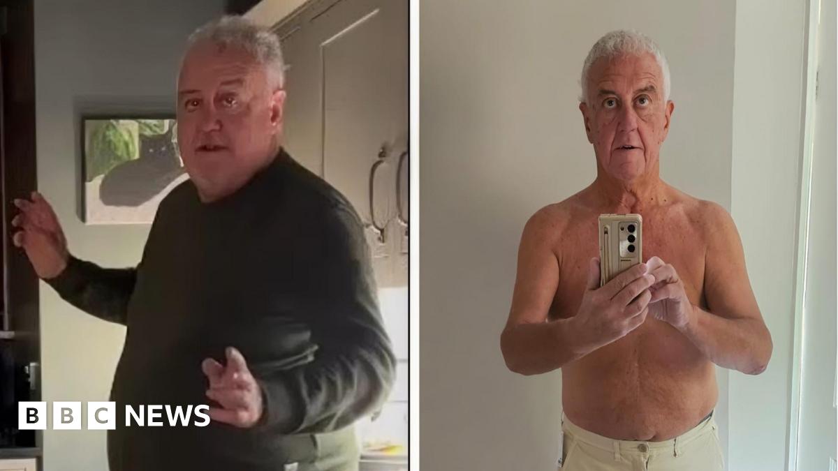 A composite image showing an overweight man wearing a dark-coloured top on the left side and the same man topless holding a mobile phone and wearing beige trousers on the right side.