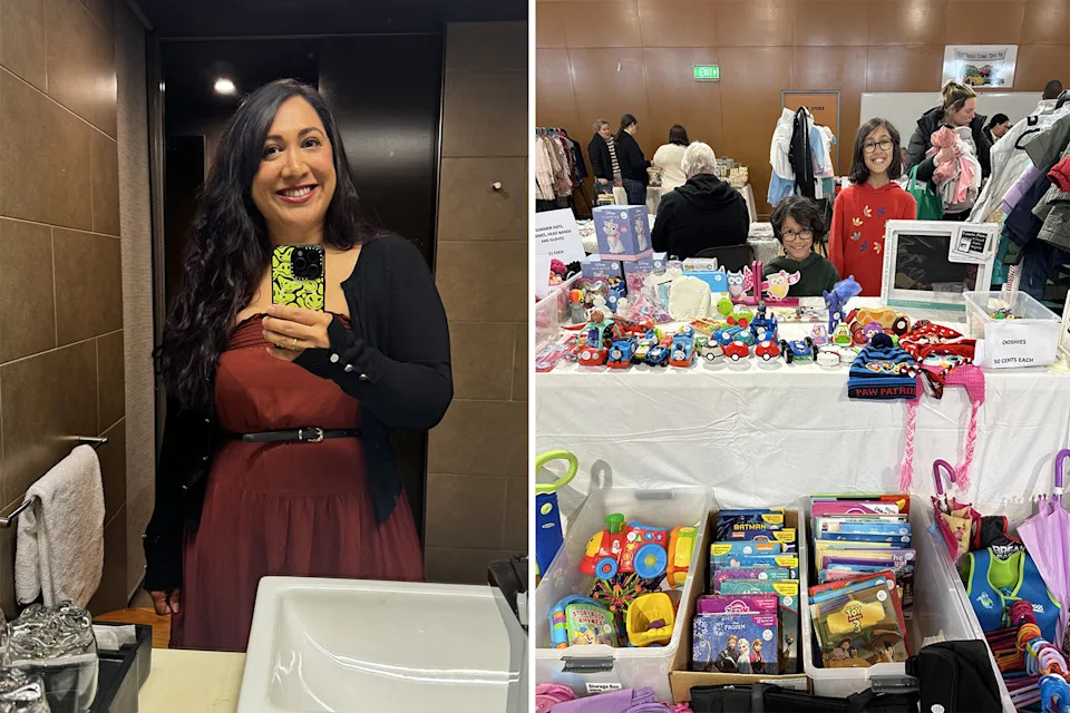 Amanda Dean pictured left, and right her kids at a market selling their unwanted toys. Source: Supplied