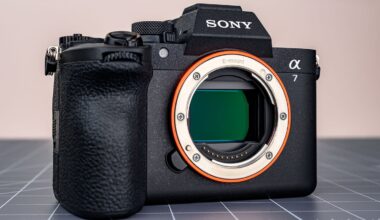 A Sony Alpha 7 mirrorless digital camera body sits on a gray grid-patterned surface, with its lens removed to reveal the camera sensor and E-mount.