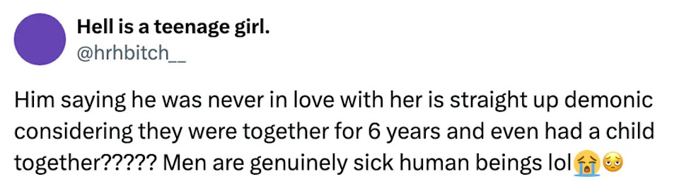 Tweet expressing disbelief about a man not loving his partner of six years, with whom he has a child, describing it as demonic behavior