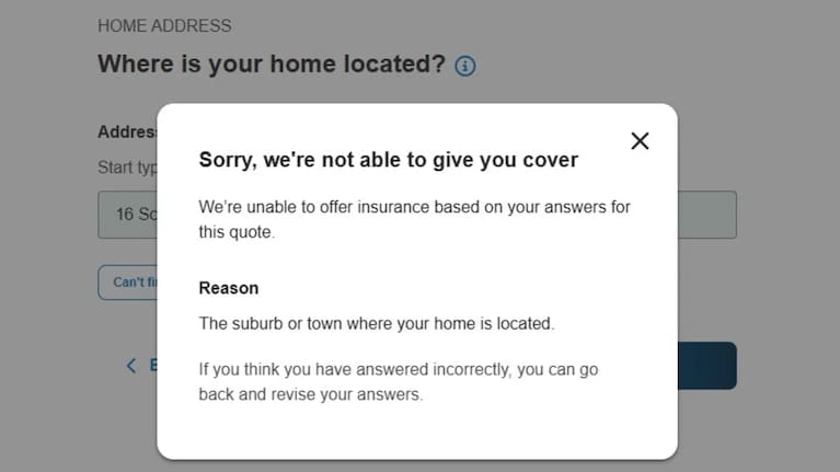 AA Insurance's online portal declined to provide a policy quote for multiple Blenheim addresses.