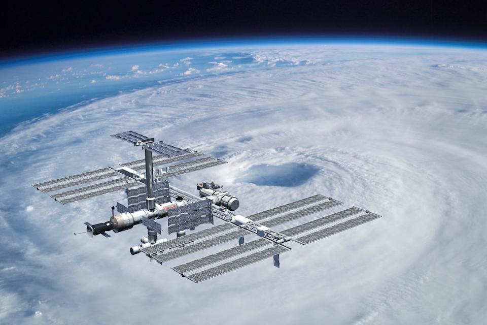 ISS International Space Station orbiting over a hurricane.