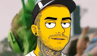 Screenshot from Emmure’s AI-animated announcement video for the Orlando, FL stop of Vans Warped Tour 2026, showing frontman Frankie Palmeri in ‘The Simpsons’ style animation