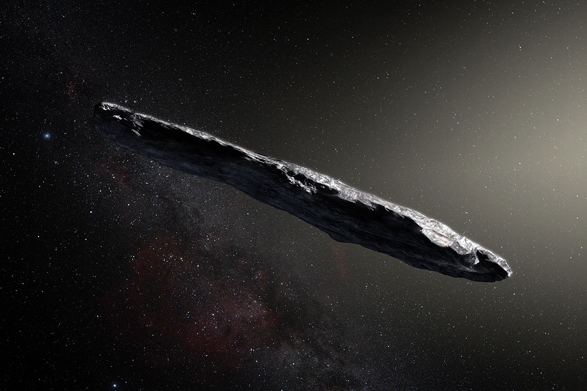 An illustration of a long space rock against a starry blanket of space.