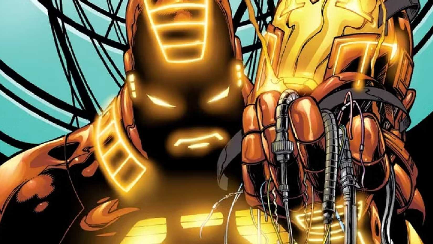 an evil iron man crushing a helmet