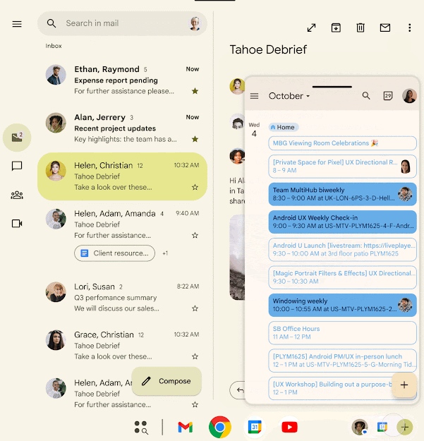 Screenshot showing Google Calendar opened in a small window over Gmail on an Android device.