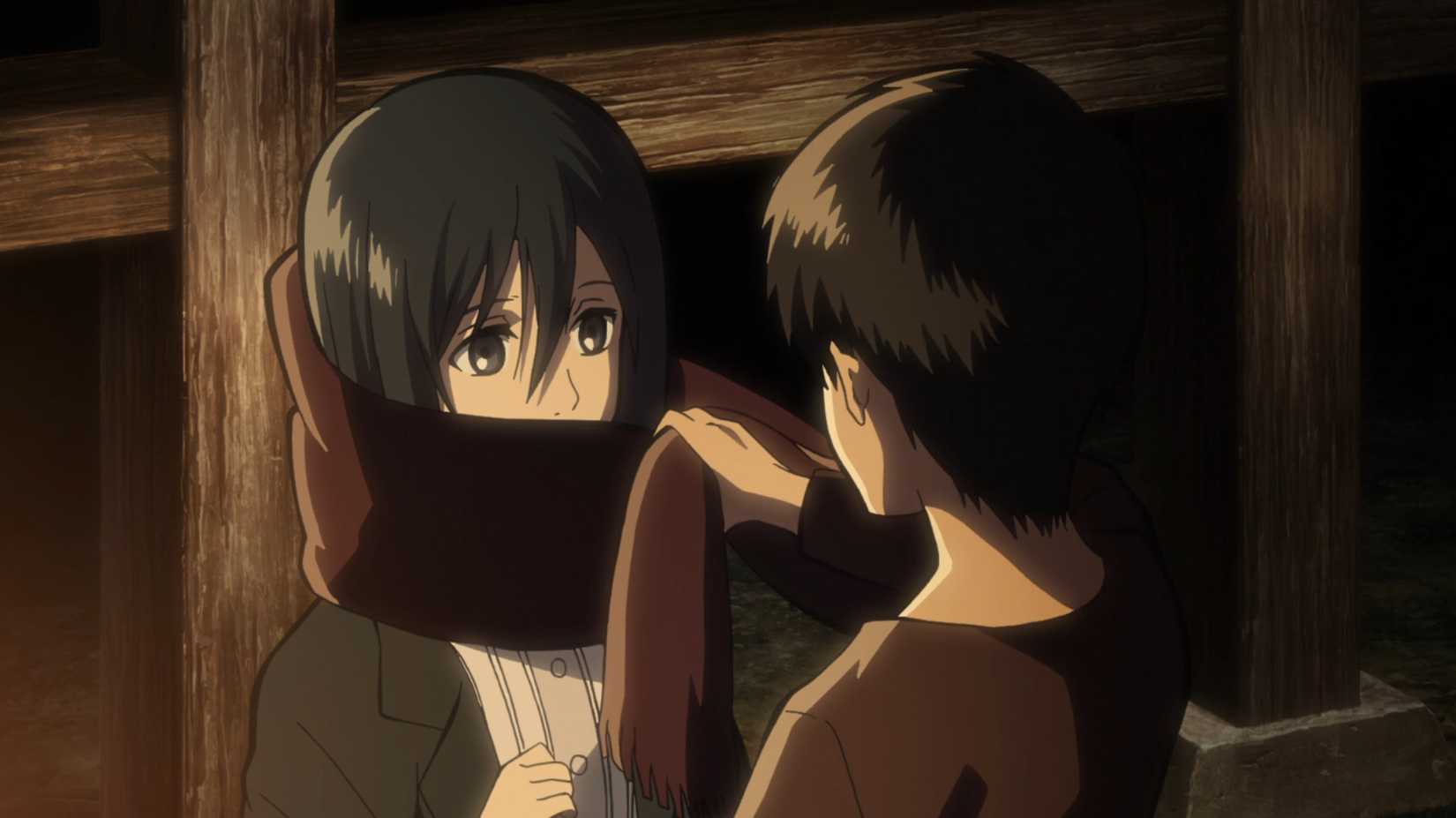 Eren wrapping his scarf around Mikasa after killing the kidnappers in Attack on Titan
